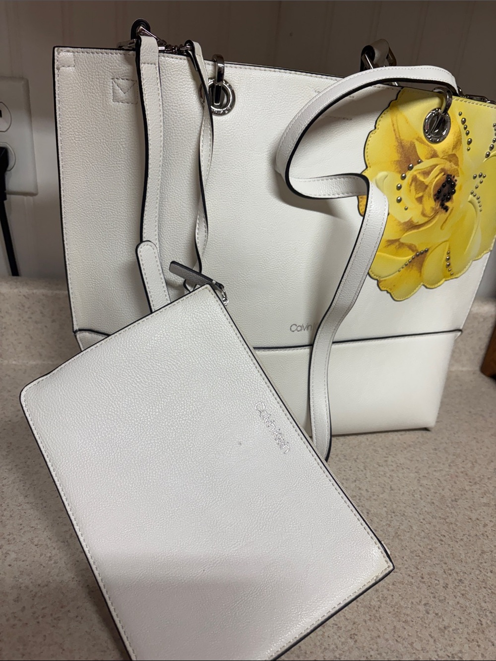 Calvin Klein White Tote with Yellow Floral Detail - Picture 5 of 7